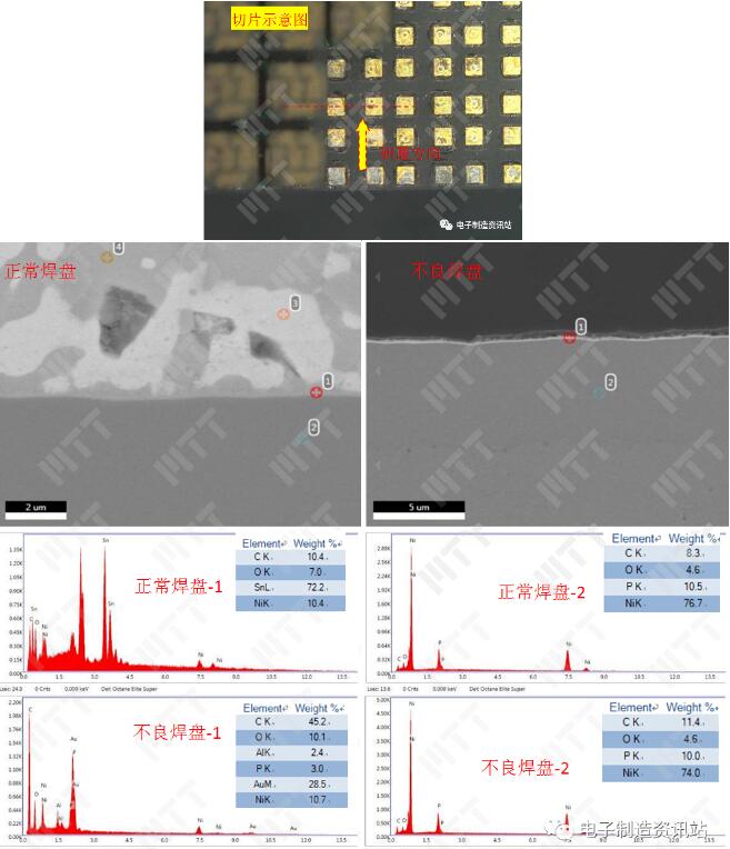 不良PCBA焊点切片后截面形貌观察形貌及EDS能谱图