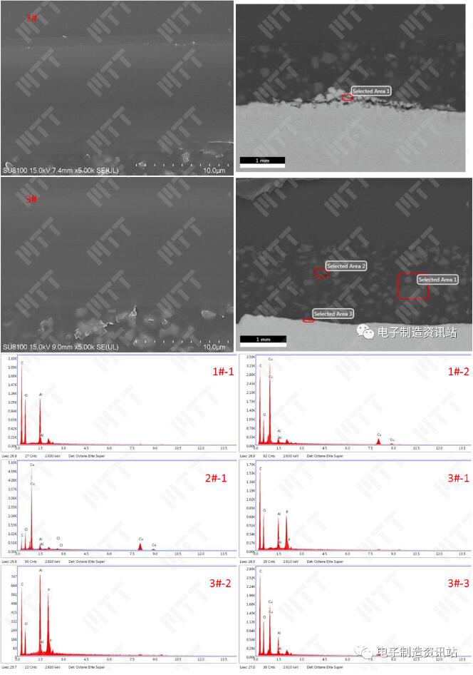 不同成品线路发黑位置切片后SEM形貌及EDS能谱图