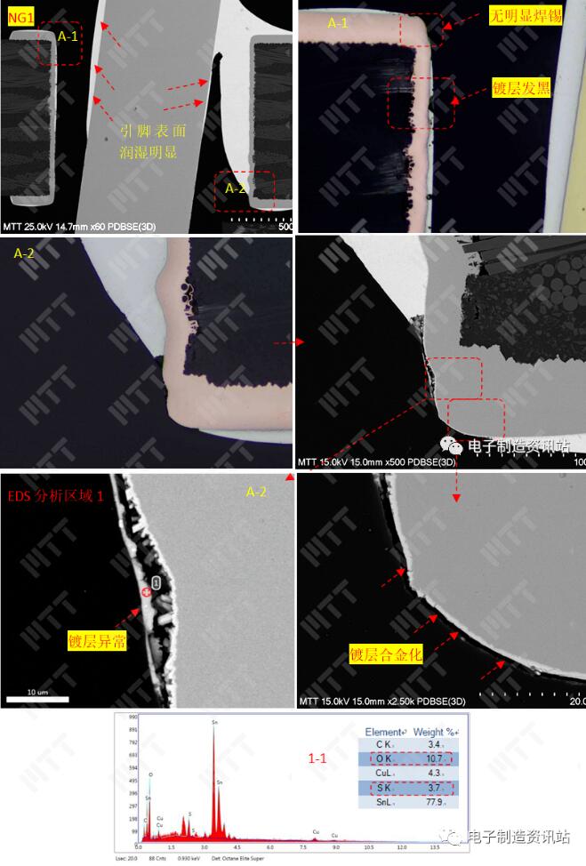 NG1 不良焊点切片后金相及SEM+EDS分析结果