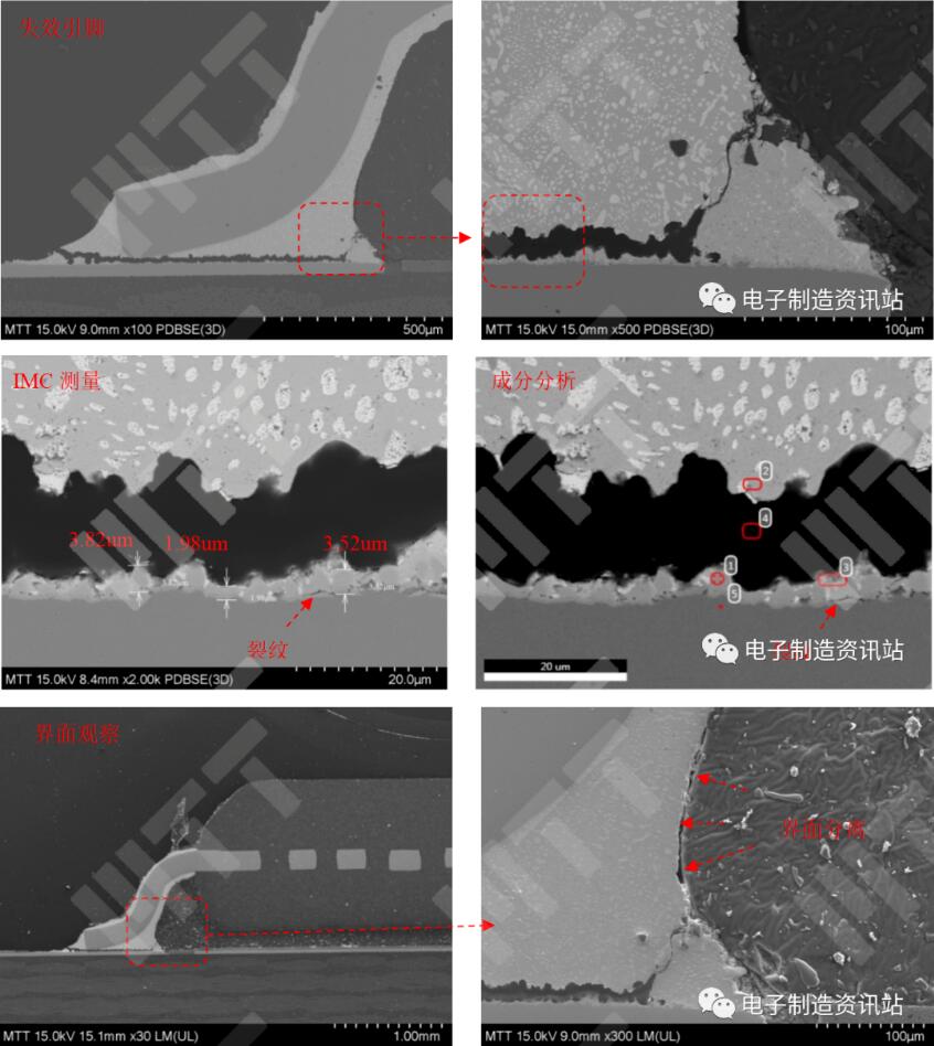 失效IC引脚焊点切片后SEM图片及EDS能谱图