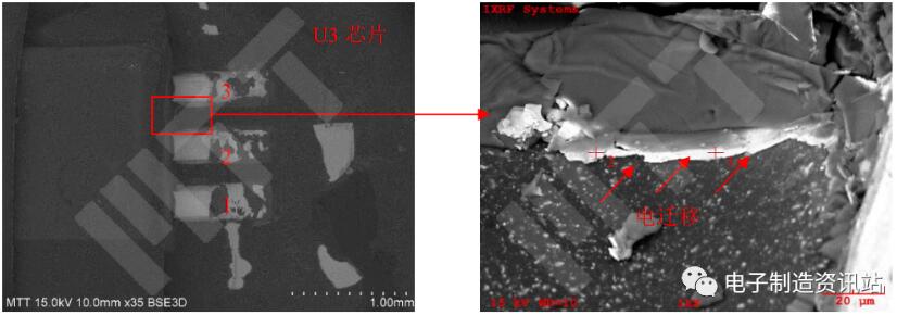 #5失效电池U3芯片引脚3和2之间SEM图片