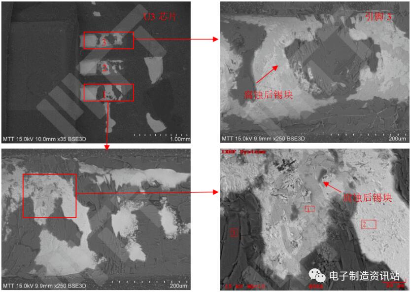 #5失效电池U3芯片引脚表面SEM图片及EDS能谱图