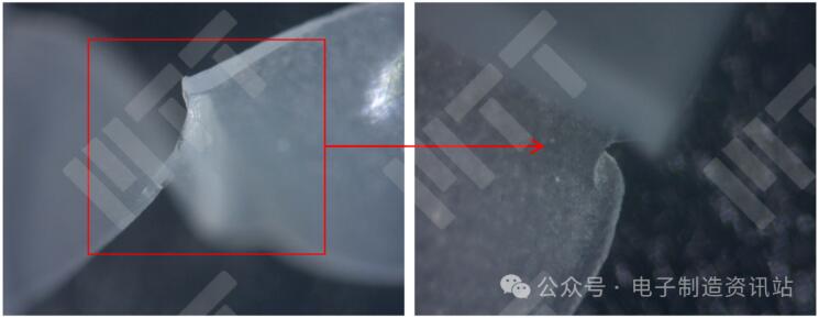 NG ECU 拆下来盖板上密封圈连接处扭曲位置的体视显微镜图片